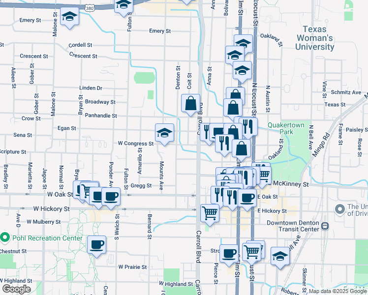 map of restaurants, bars, coffee shops, grocery stores, and more near 603 West Congress Street in Denton