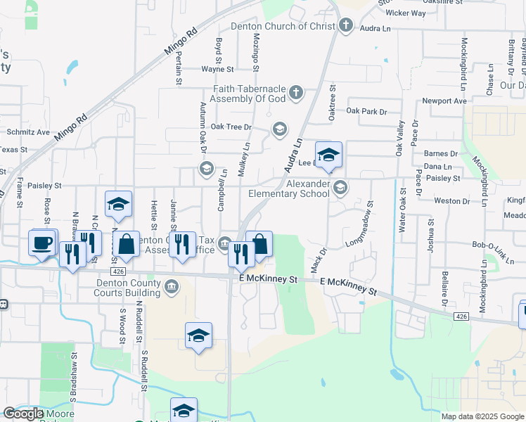 map of restaurants, bars, coffee shops, grocery stores, and more near 608 Audra Lane in Denton