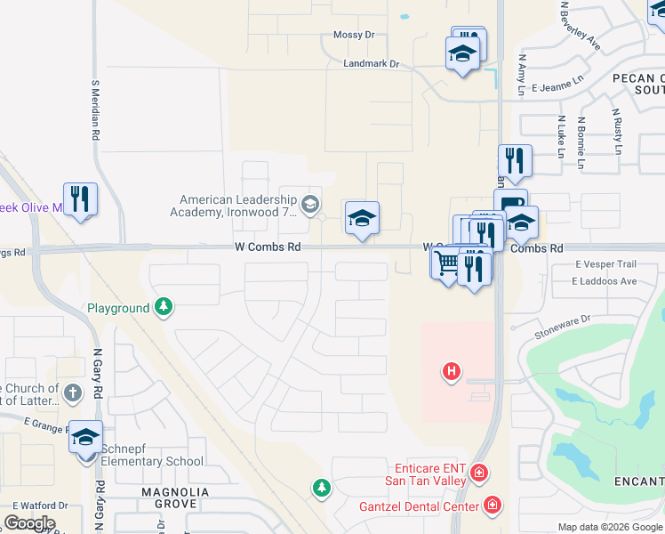 map of restaurants, bars, coffee shops, grocery stores, and more near 37428 N Cimarron Trail in San Tan Valley