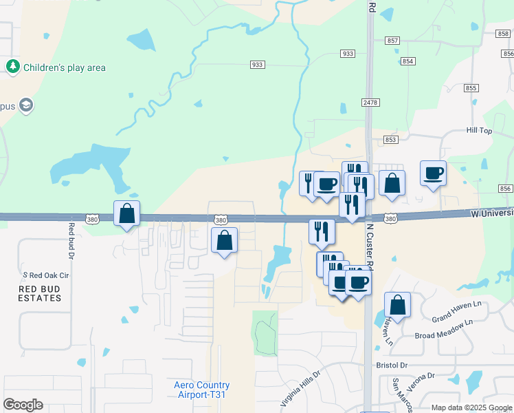 map of restaurants, bars, coffee shops, grocery stores, and more near 4011 East University Drive in Prosper