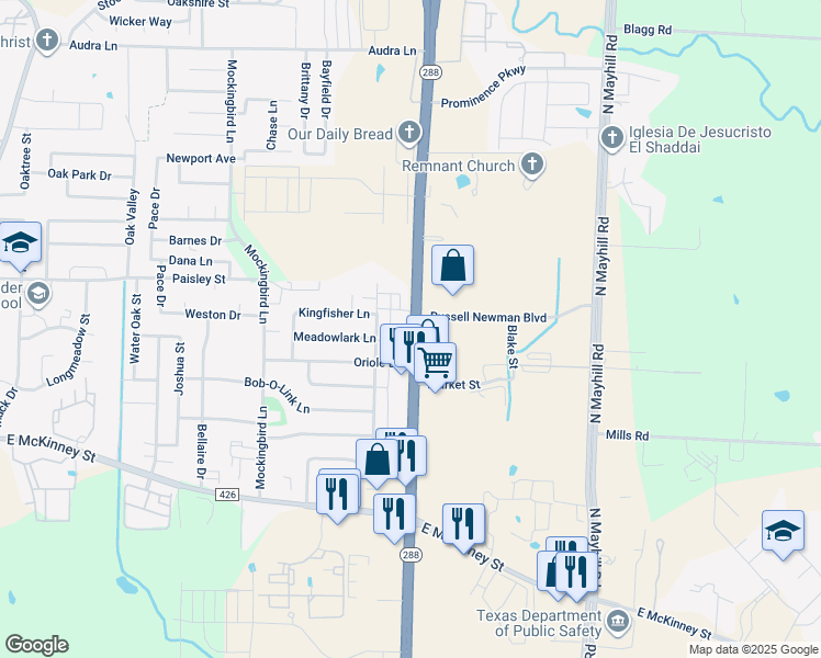 map of restaurants, bars, coffee shops, grocery stores, and more near 511 North Loop 288 in Denton