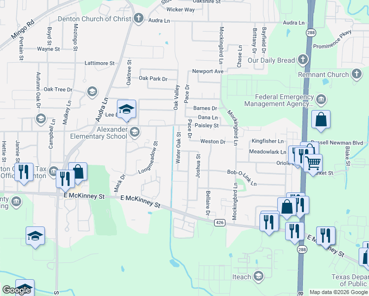 map of restaurants, bars, coffee shops, grocery stores, and more near 2805 Joshua Street in Denton
