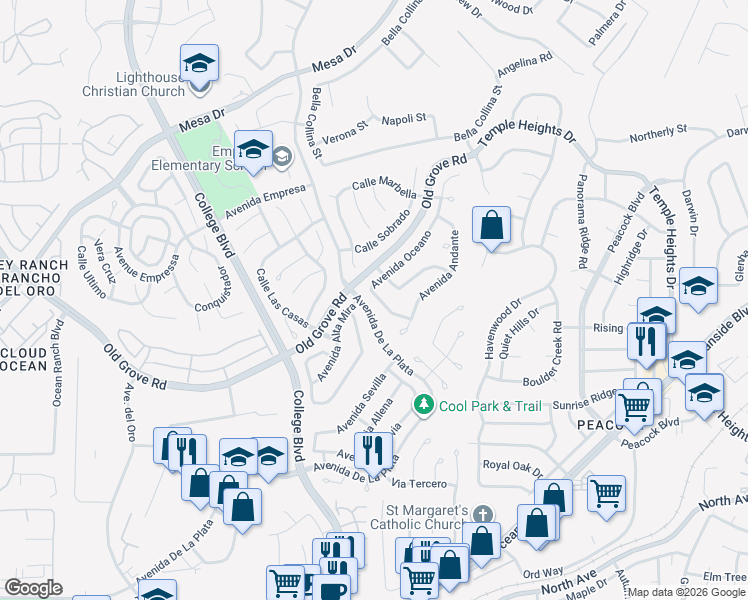 map of restaurants, bars, coffee shops, grocery stores, and more near 1665 Avenida Oceano in Oceanside