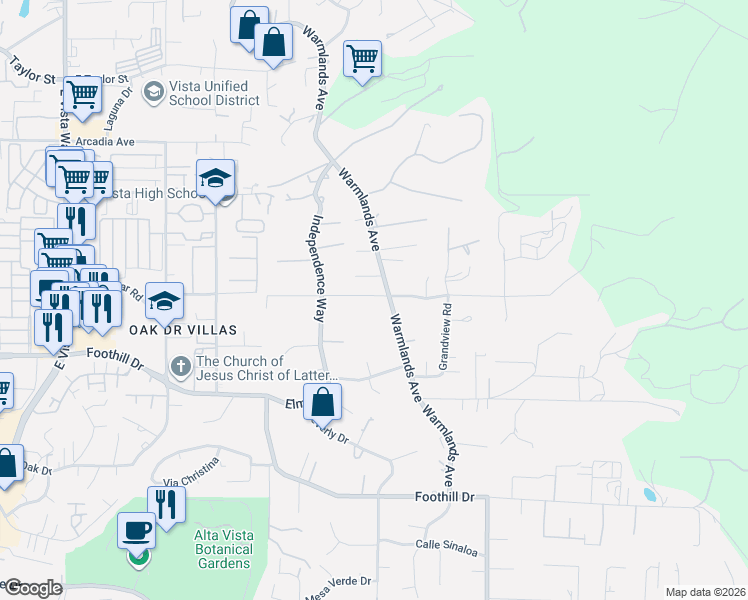 map of restaurants, bars, coffee shops, grocery stores, and more near 1735 Monte Mar Road in Vista