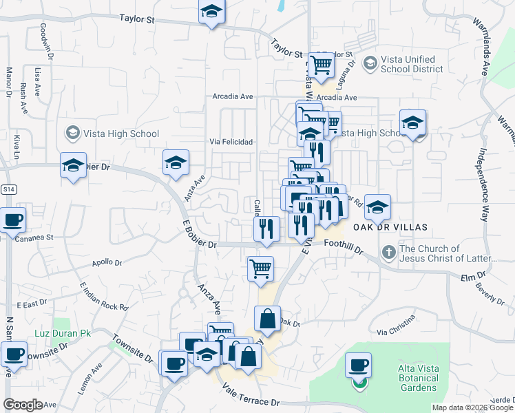 map of restaurants, bars, coffee shops, grocery stores, and more near 1370 Calle Jules in Vista