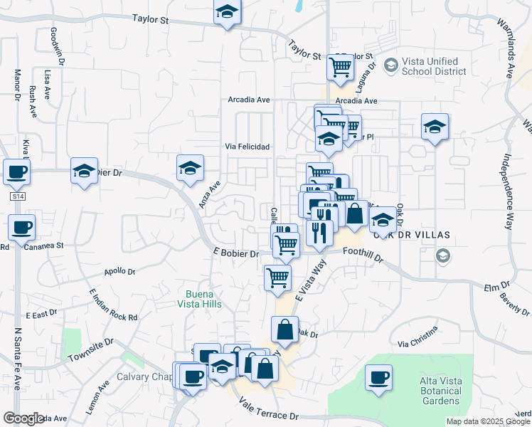 map of restaurants, bars, coffee shops, grocery stores, and more near 1370 Calle Jules in Vista