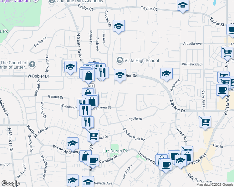 map of restaurants, bars, coffee shops, grocery stores, and more near 1346 East Indian Rock Road in Vista