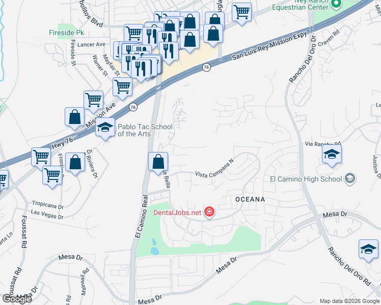 map of restaurants, bars, coffee shops, grocery stores, and more near 3660 Vista Campana North in Oceanside