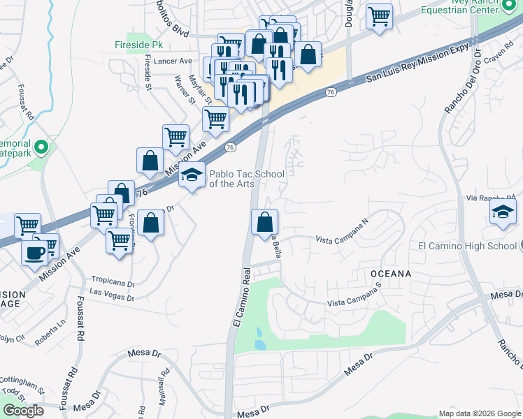 map of restaurants, bars, coffee shops, grocery stores, and more near 3606 Vista Rey in Oceanside