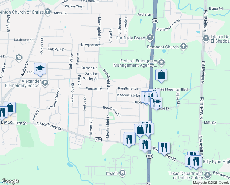map of restaurants, bars, coffee shops, grocery stores, and more near 3311 Meadowlark Lane in Denton