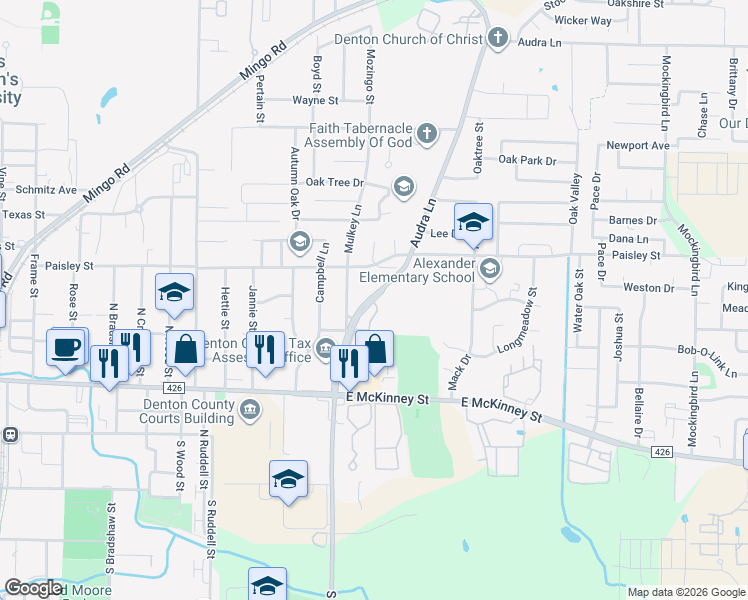 map of restaurants, bars, coffee shops, grocery stores, and more near 608 Audra Lane in Denton