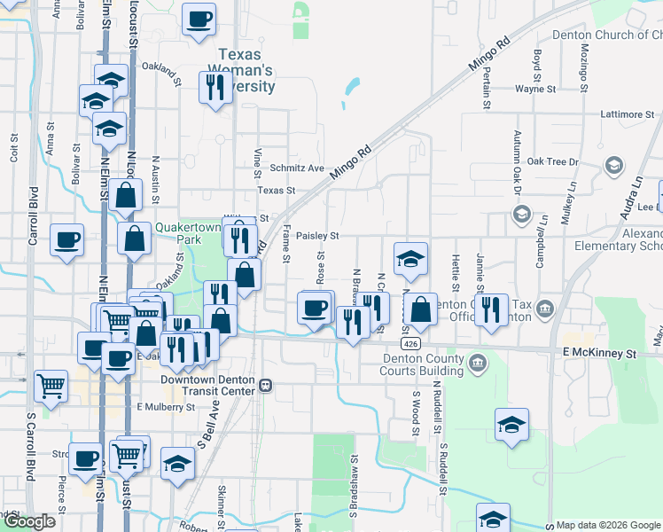 map of restaurants, bars, coffee shops, grocery stores, and more near 601 North Bradshaw Street in Denton