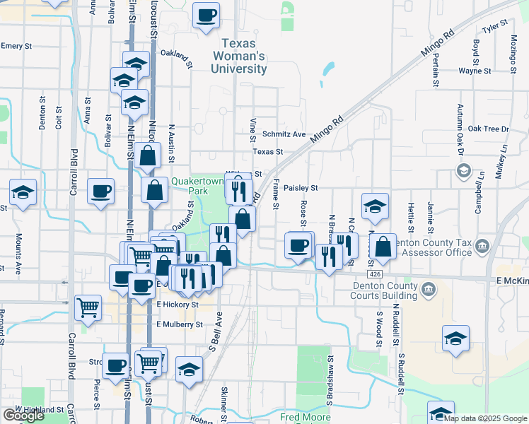 map of restaurants, bars, coffee shops, grocery stores, and more near 615 Frame Street in Denton