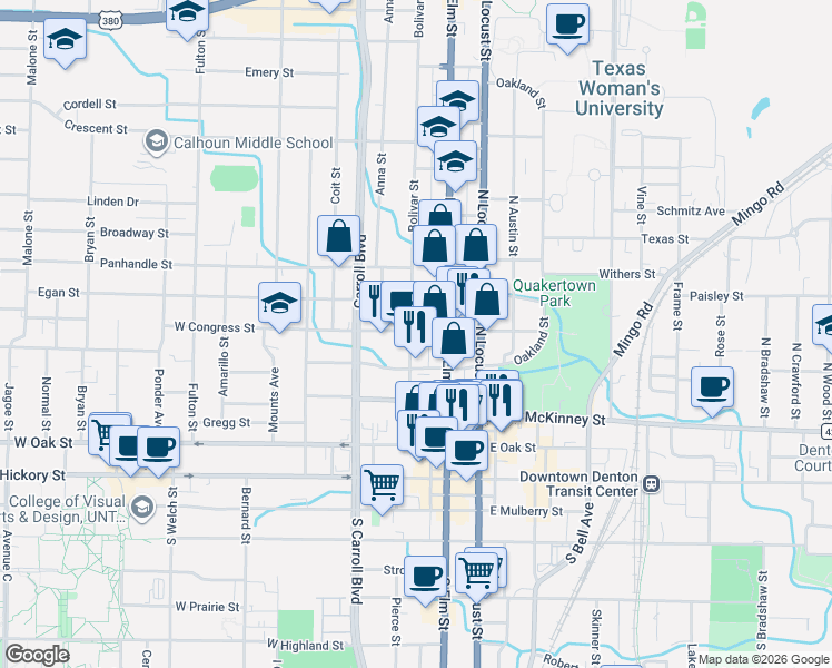 map of restaurants, bars, coffee shops, grocery stores, and more near 311 West Congress Street in Denton