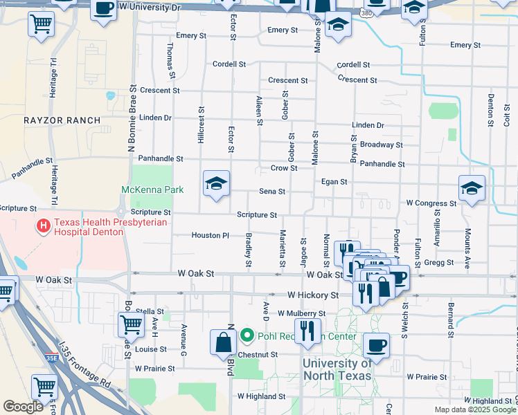 map of restaurants, bars, coffee shops, grocery stores, and more near 1911 Scripture Street in Denton