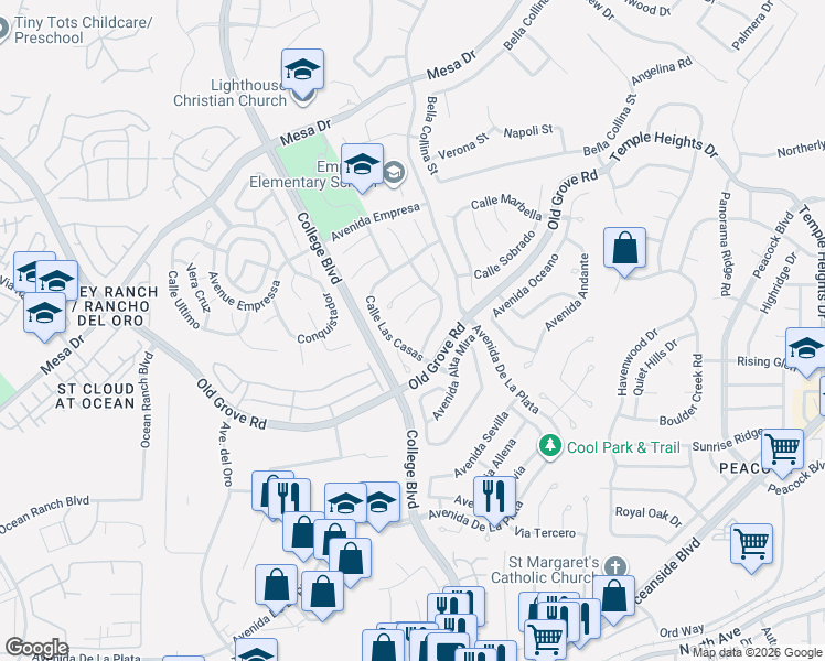 map of restaurants, bars, coffee shops, grocery stores, and more near 1689 Avenida Guillermo in Oceanside