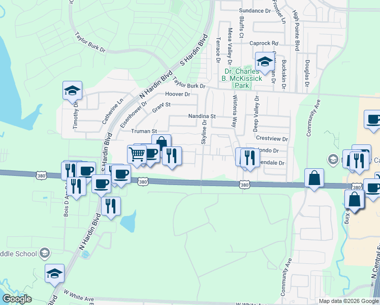 map of restaurants, bars, coffee shops, grocery stores, and more near 1951 Skyline Drive in McKinney