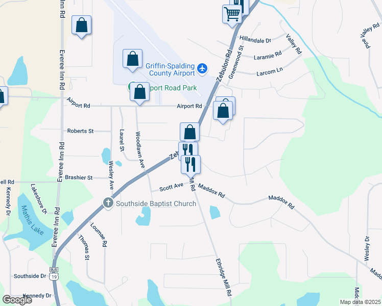 map of restaurants, bars, coffee shops, grocery stores, and more near 1101 Ethridge Mill Road in Griffin