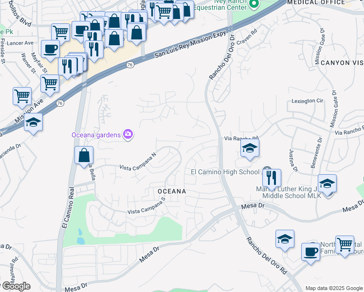 map of restaurants, bars, coffee shops, grocery stores, and more near 3902 Vista Campana North in Oceanside