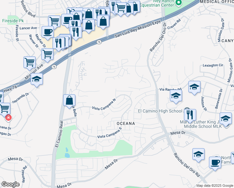 map of restaurants, bars, coffee shops, grocery stores, and more near 3902 Vista Campana North in Oceanside