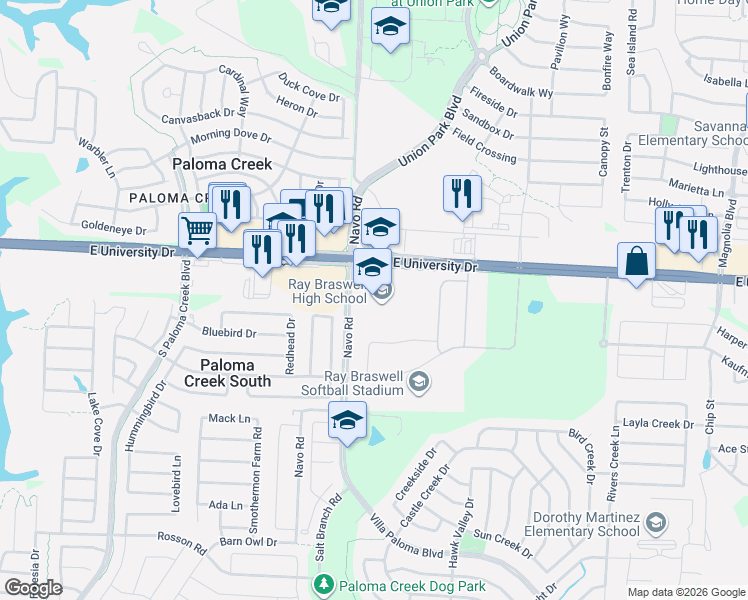 map of restaurants, bars, coffee shops, grocery stores, and more near 26750 East University Drive in Aubrey
