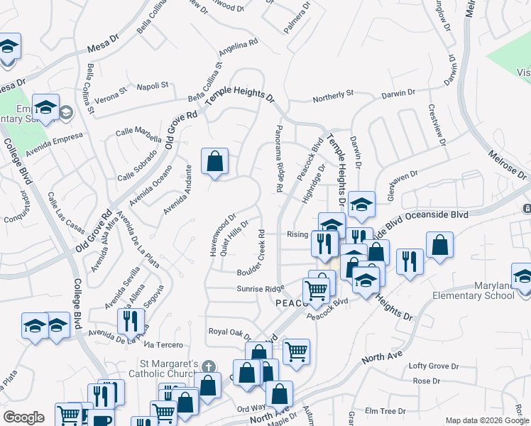 map of restaurants, bars, coffee shops, grocery stores, and more near 1583 Boulder Creek Road in Oceanside
