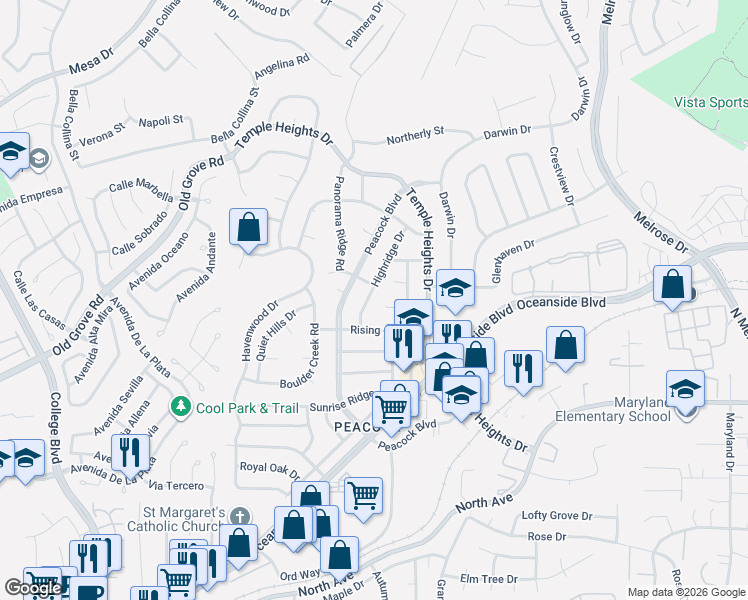 map of restaurants, bars, coffee shops, grocery stores, and more near 4741 Canterbury Court in Oceanside