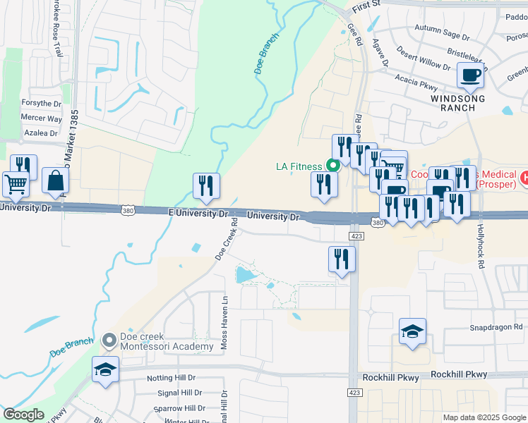 map of restaurants, bars, coffee shops, grocery stores, and more near 26850 US Highway 380 in Prosper