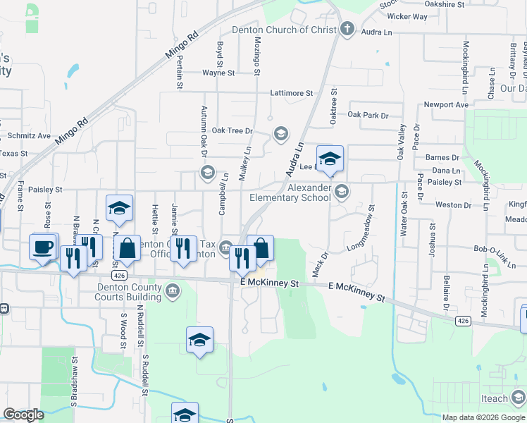 map of restaurants, bars, coffee shops, grocery stores, and more near 608 Audra Lane in Denton