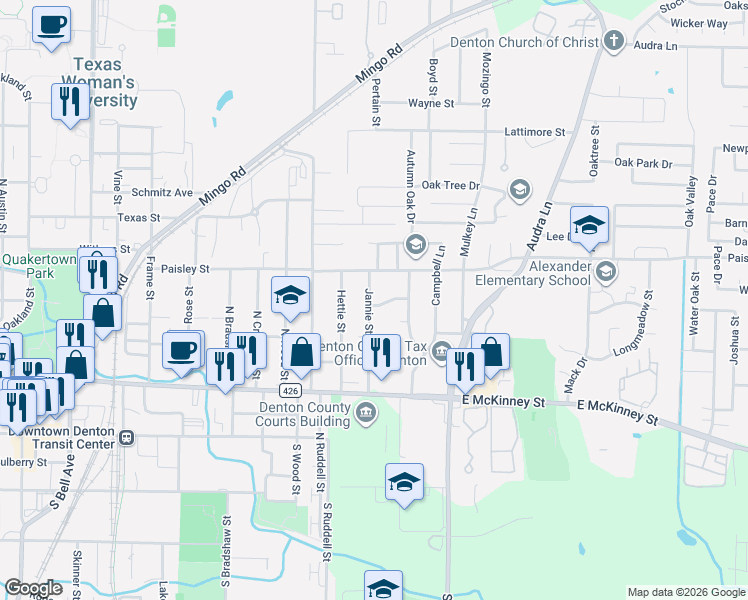 map of restaurants, bars, coffee shops, grocery stores, and more near 1414 Noble Street in Denton
