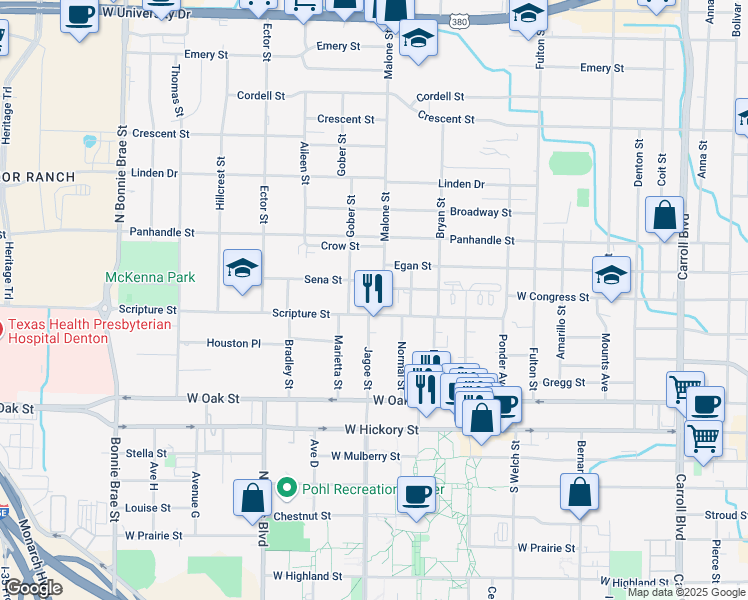 map of restaurants, bars, coffee shops, grocery stores, and more near 515 Malone Street in Denton