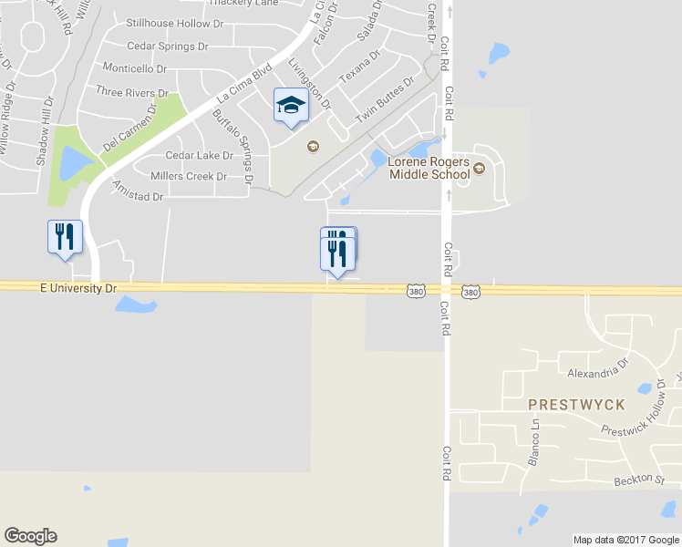 map of restaurants, bars, coffee shops, grocery stores, and more near 2111 East University Drive in Prosper