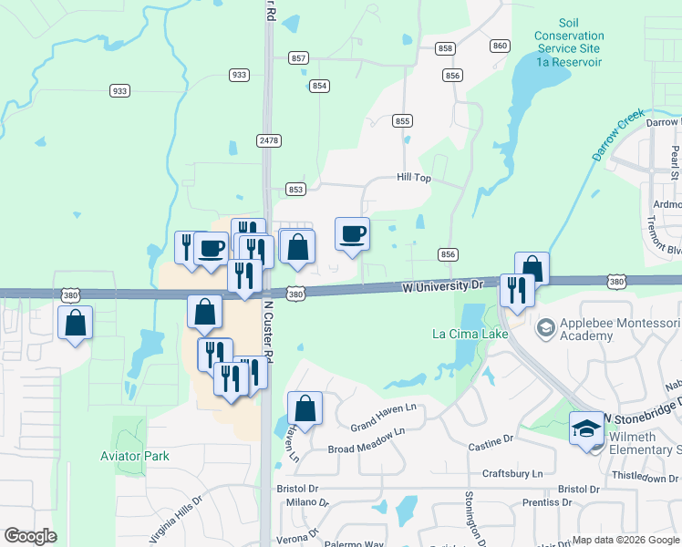 map of restaurants, bars, coffee shops, grocery stores, and more near 8700 West University Drive in McKinney