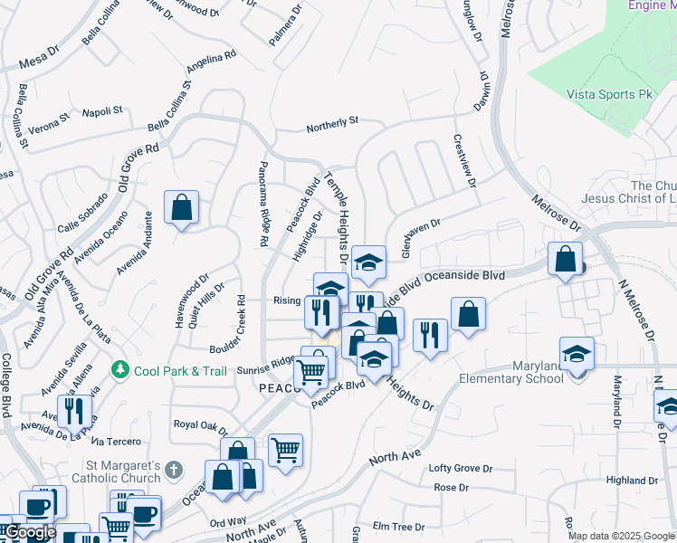 map of restaurants, bars, coffee shops, grocery stores, and more near 1522 Rolling Hills Drive in Oceanside