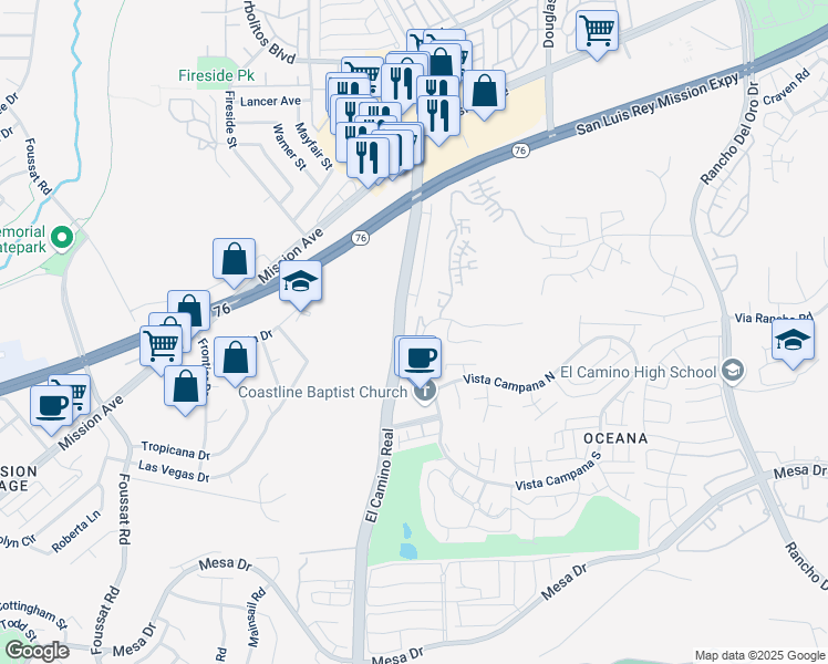 map of restaurants, bars, coffee shops, grocery stores, and more near 3606 Vista Rey in Oceanside