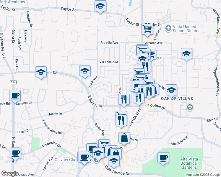 map of restaurants, bars, coffee shops, grocery stores, and more near 737 Nob Circle in Vista