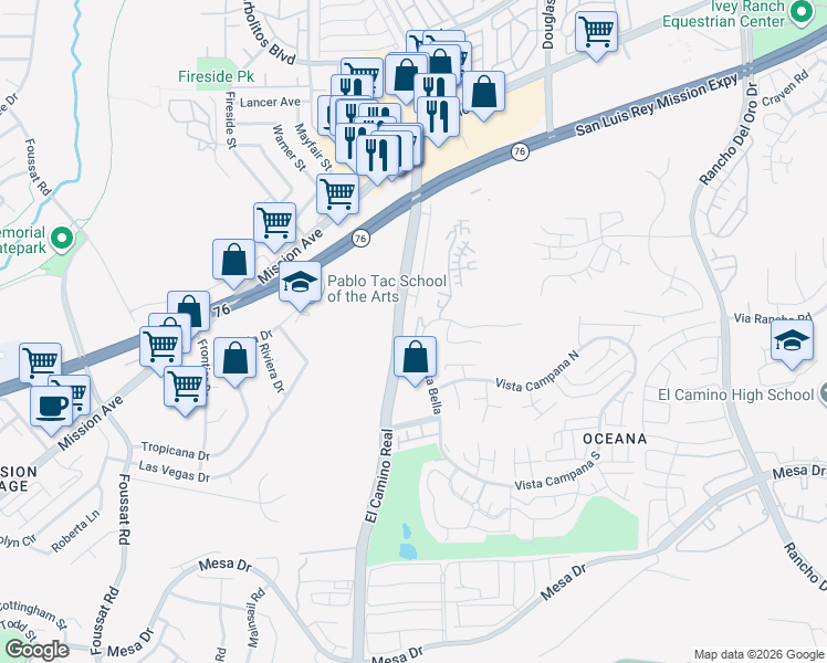 map of restaurants, bars, coffee shops, grocery stores, and more near 3606 Vista Rey in Oceanside