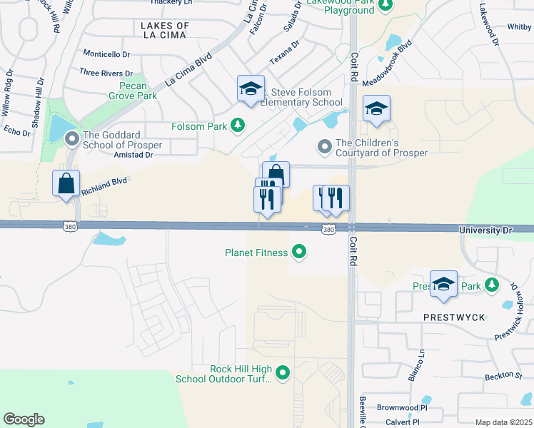 map of restaurants, bars, coffee shops, grocery stores, and more near 2111 East University Drive in Prosper
