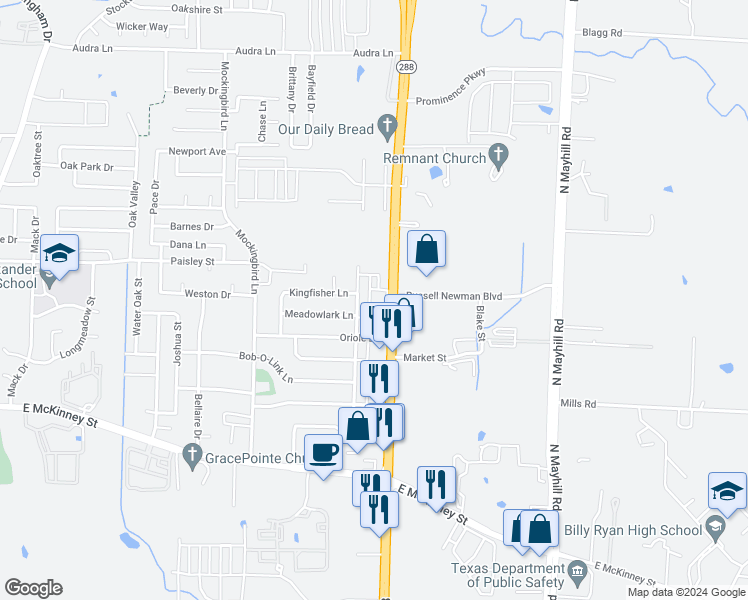 map of restaurants, bars, coffee shops, grocery stores, and more near 3509 Meadowlark Lane in Denton
