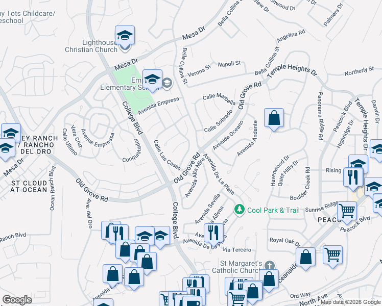 map of restaurants, bars, coffee shops, grocery stores, and more near 1668 Avenida Guillermo in Oceanside