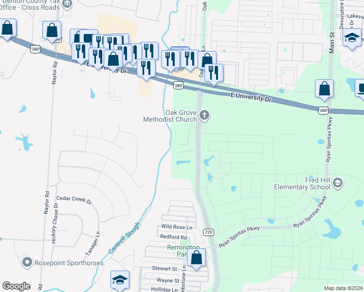 map of restaurants, bars, coffee shops, grocery stores, and more near 4646 Farm to Market Road 720 in Aubrey