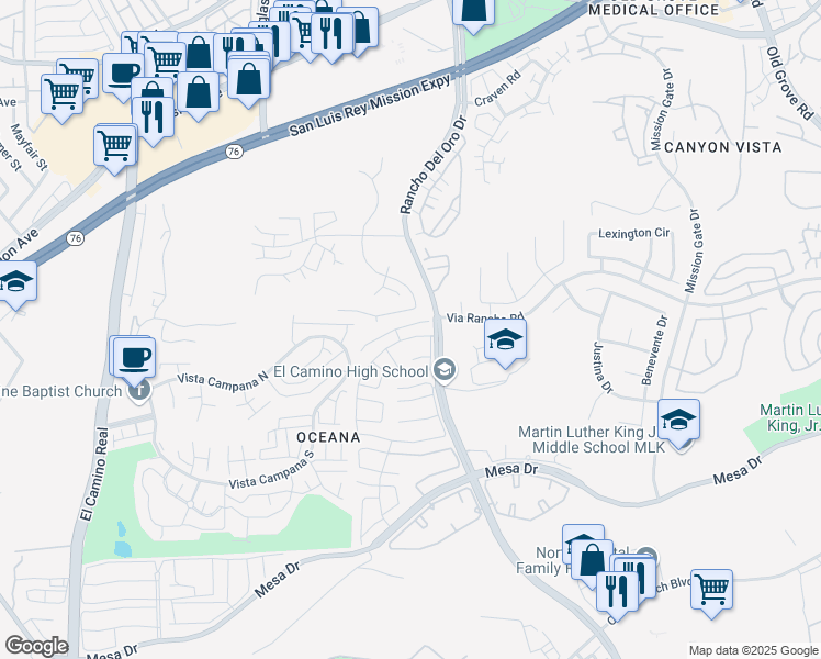 map of restaurants, bars, coffee shops, grocery stores, and more near 3819 Savory Way in Oceanside