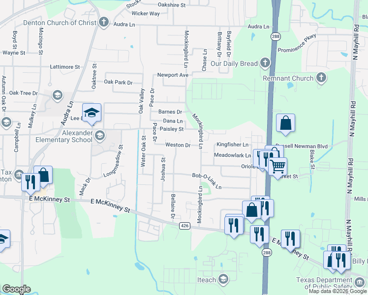 map of restaurants, bars, coffee shops, grocery stores, and more near 3008 Weston Drive in Denton