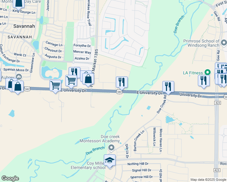 map of restaurants, bars, coffee shops, grocery stores, and more near 26492 East University Drive in Little Elm