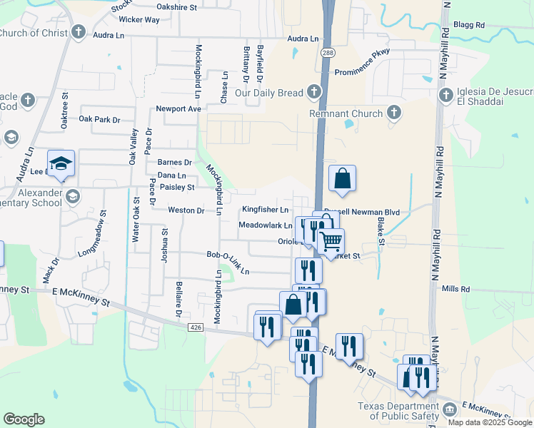 map of restaurants, bars, coffee shops, grocery stores, and more near 3407 Meadowlark Lane in Denton