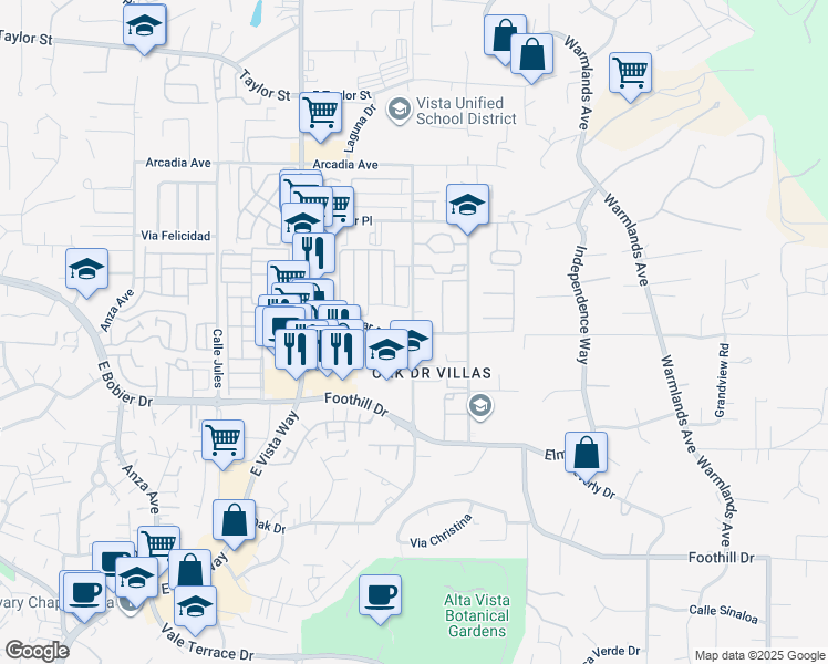 map of restaurants, bars, coffee shops, grocery stores, and more near 1406 Oak Drive in Vista
