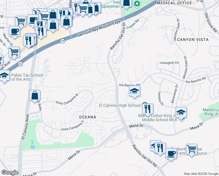 map of restaurants, bars, coffee shops, grocery stores, and more near 3819 Savory Way in Oceanside