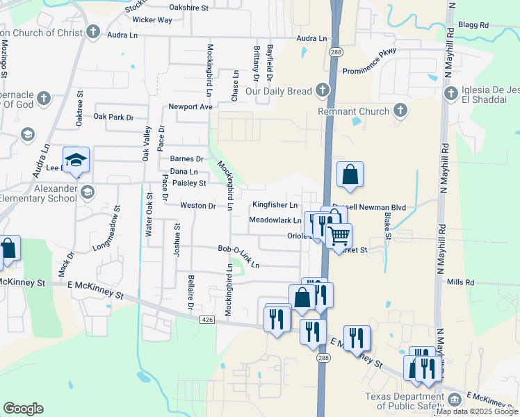 map of restaurants, bars, coffee shops, grocery stores, and more near 3311 Meadowlark Lane in Denton