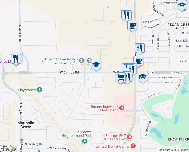 map of restaurants, bars, coffee shops, grocery stores, and more near 398 Pinnacle Ridge Drive in San Tan Valley