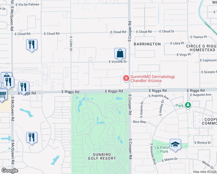 map of restaurants, bars, coffee shops, grocery stores, and more near 1871 East Sagittarius Place in Chandler